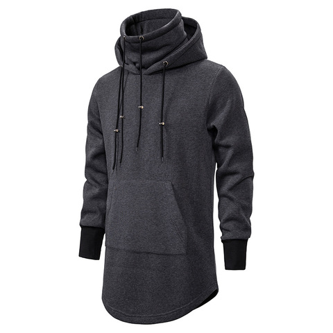 2022 New Men Slim Long section High collar Hooded Sweatshirt Man Extend Curved hem Solid black Cotton Casual Pullover Hoodies ► Photo 1/6