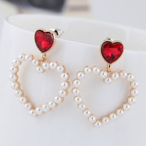 Sweet Rhinestone Red Heart Pearl Earrings For Women Hollow Dangle Earring Simple Korean Statement Wedding Jewelry Party Gift ► Photo 1/6