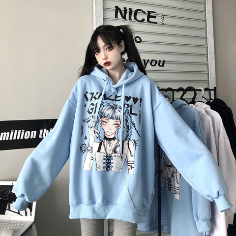 Harajuku Japanese Girls Letters Print Long Sleeve Fleece Warm Chain Hoodies Women Winter Loose Pullovers Hooded Sweatshirt Tops ► Photo 1/6