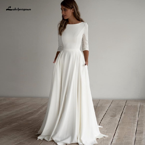 Simple Satin Wedding Dress A Line 2022 Robe Femme Elegant Bridal Dress 3/4 sleeves Beach Wedding Dresses with Pockets ► Photo 1/5