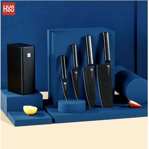 5pcs Huohou Cool Black Kitchen Knife Non-Stick 50Cr15MoV Stainless Steel Knife Set With Wood Holder 307mm Slicing Knife ► Photo 1/6