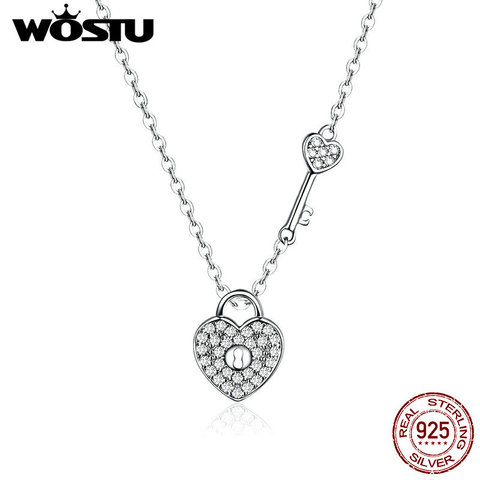 WOSTU 925 Sterling Silver Lock & Heart Dangle Pendant Heart Highlights Necklaces Dazzling CZ Chain For Women 925 Jewelry CQN315 ► Photo 1/6