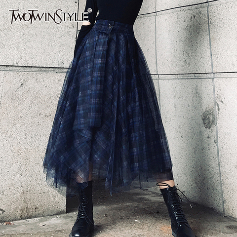 TWOTWINSTYLE Plaid Patchwork Mesh Women's Skirts High Waist Hit Color Elegant A Line Skirts Female 2022 Spring Fashion New ► Photo 1/6