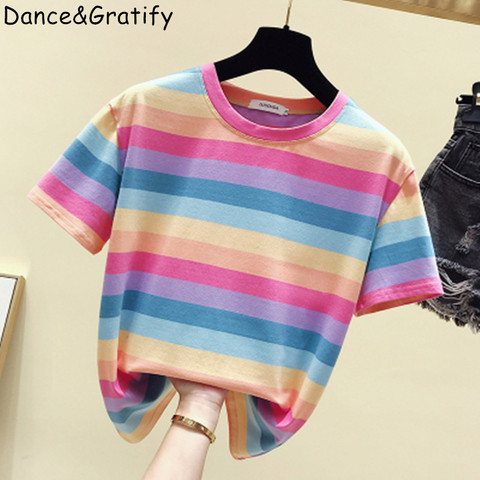 Girls Rainbow Striped Cotton Tshirt Women Tops Fashion Short Sleeve Female T-shirt Tee Femme 2022 New Summer ► Photo 1/6