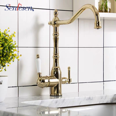 Senlesen Kitchen Sink Faucet Pure Water Tap Nozzle Gold Faucet Deck Mount Hot and Cold Water Double Handles Para Kitchen Sink ► Photo 1/6