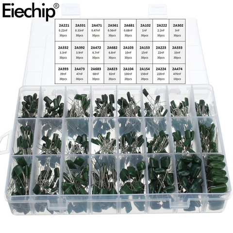 660pcs/lot 24Value Capacitor kit 100V 2A221J to 2A474J Polyester Film Capacitor Assorted Kit 0.47nF 0.68nF 1nF 2.2nF Capacitors ► Photo 1/2