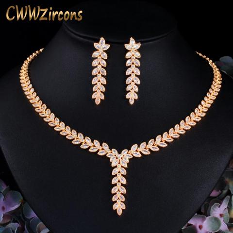 CWWZircons Leaf Shape Dangle Drop Party Earring and Necklace African Nigerian CZ Gold Color Wedding Jewelry Set for Brides T488 ► Photo 1/6