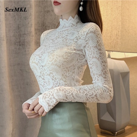 Woman White Lace Blouse Transparent Summer Women Blouses Plus Size Womens Tops and Blouses Sexy Black Lace Shirts Long Sleeve ► Photo 1/6