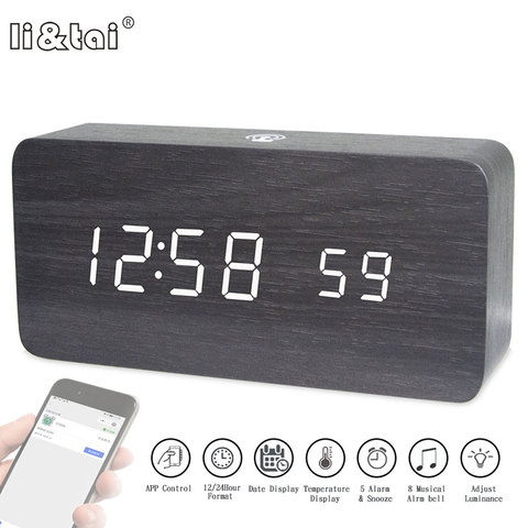 LED Digital Wooden Alarm Clock APP Control Time Temperature Date Electronic Desktop Clock USB Battery Brightness Sound Control ► Photo 1/6