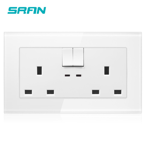 SRAN UK Standard socket with light switch wall power Outlet 146*86mm crystal tempered glass panel for household use ► Photo 1/6