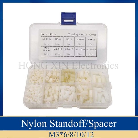 300pcs M3 Nylon White Hex Screw Nut Spacer Stand-off Varied Length Assortment Kit Box ► Photo 1/6