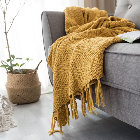 Mustard Yellow Blanket Sofa Knit Throw Blanket Tassels Fringe Blanket Travel 130x160cm Home Sofa Chair Couch Bed  50