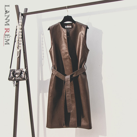 LANMREM 2022 New Autumn Winter Moto & Biker Long Vest For Famale Bandage Sleeveless PU Leather Waistcoat Belt Streetwear YJ635 ► Photo 1/5