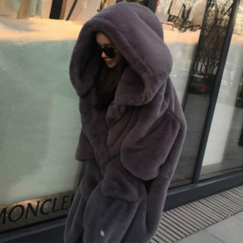2022 New Large Size Long Solid Color Faux Fur Coat Casual Women Outwear Oversized Winter Warm Hooded Fur Jacket D004 ► Photo 1/6