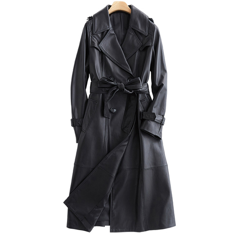 Lautaro Long black leather trench coat for women long sleeve belt lapel Women fashion 2022 Luxury spring plus size outerwear 7xl ► Photo 1/6
