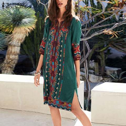 Women Bohemian Floral Printed Dress ZANZEA Autumn V Neck 3/4 Sleeve Sundress Femme Robe Split Hem Beach Vestido Vintage Dresses7 ► Photo 1/6