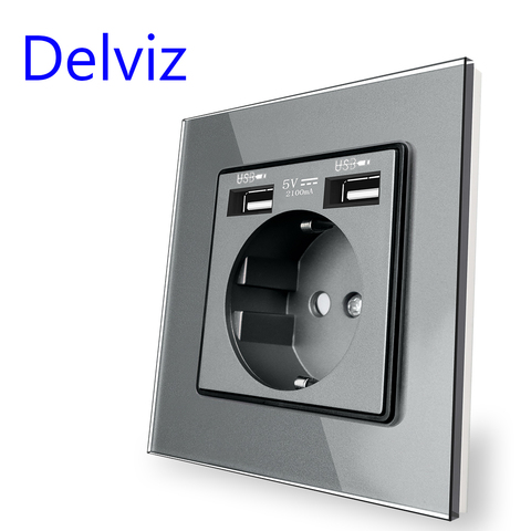 Delviz EU Standard USB Socket, 5V Double usb Household security charging interface, 16A Wall Power Outlet Tempered Crystal Panel ► Photo 1/4