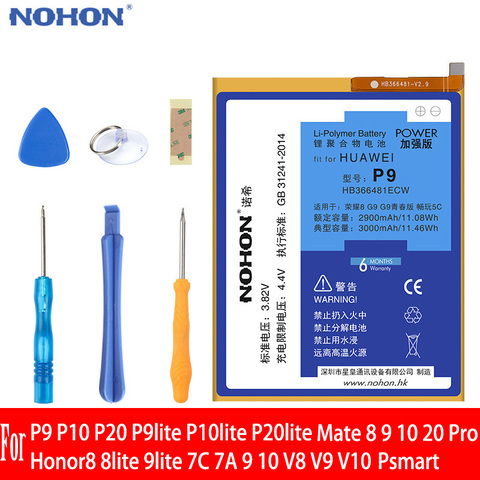 NOHON Mobile Phone Battery For Huawei P9 P10 P20 Lite Honor 8 9 V8 V9 V10 Mate 20 Pro 7C 7A P Smart Nova 3 3e GR3 2017 View 10 ► Photo 1/6