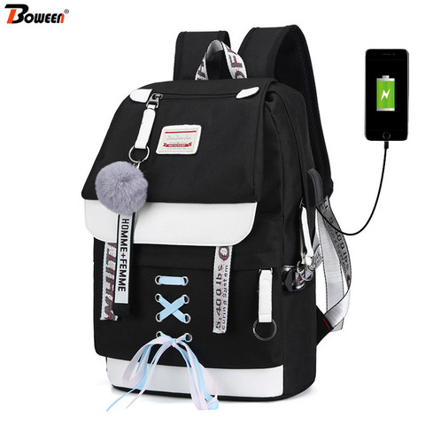Canvas Usb School Bags for Girls Teenagers Backpack Women Bookbags Black 2022 Large Capacity Middle High College Teen Schoolbag ► Photo 1/6