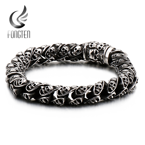 Fongten Vintage Skull Engraved Cuff Bracelet Men Link Chain Stainless Steel Hip Hop Skeleton Head Bracelets Jewelry ► Photo 1/6