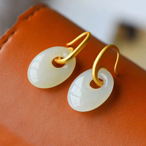 Original natural and Baitian white jade oval hollow Earrings Chinese style retro creative elegant women's Christmas gift ► Photo 1/6