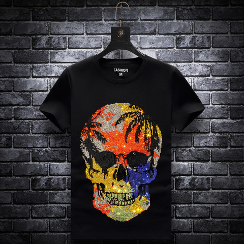 Plus Size 2022 Fashion Skull Rhinestones T Shirts Men Brand Short Sleeve Man Streetwear O Neck Slim Tshirts Calaveras Camiseta ► Photo 1/4