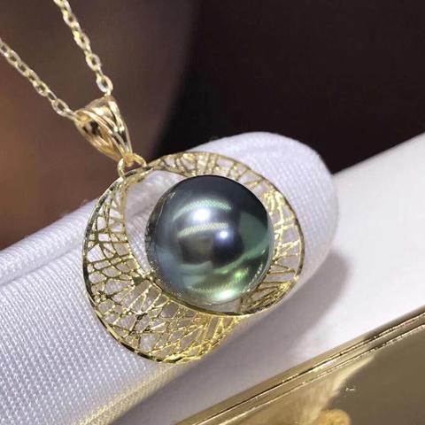 Fine Jewelry 18K Yellow Gold Natural Italy Origin Tahiti Black Pearl 10-9mm Pendant Necklaces for Women FIne Pearls Pendants ► Photo 1/5