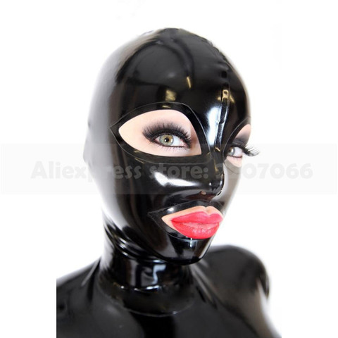 Unisex solid black  latex rubber mask hood with back zip fetish hood eyes mouth opened handmade RLM182 ► Photo 1/3