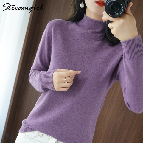 Streamgirl Pullover Women Vintage Sweater Spring Winter Half Turtleneck Woman Sweaters Retro Green Warm Knitted Women Jumper ► Photo 1/6