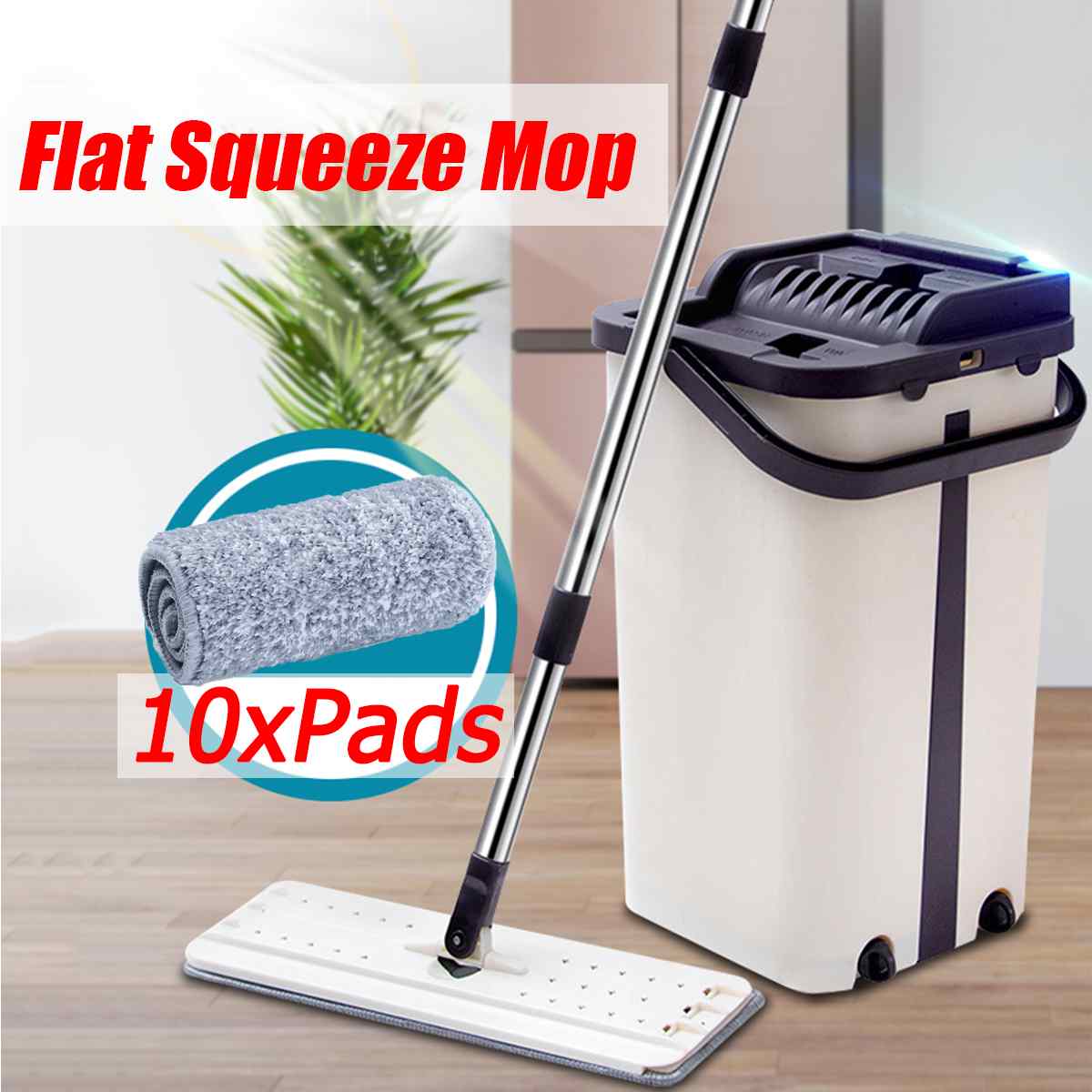 Flat Squeeze Mop and Bucket Microfiber Mop Pads Hand Spin Wringing Floor Clean 