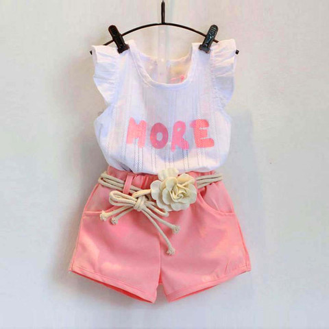 TELOTUNY Children's clothing Toddler Kids Baby Girls Letter Print Sleeveless T-Shirt Tops+Shorts+Belt Outfits Clothes Set  Jun20 ► Photo 1/6