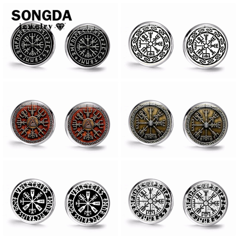 SONGDA Retro Folk-custom Viking Compass Earrings Men Women Art Photo Glass Gem Piercing Stud Earrings Punk Rune Ethnic Jewellery ► Photo 1/6