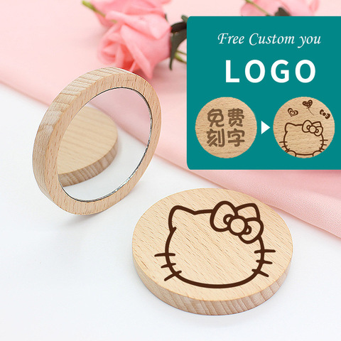 Pure Wooden Cosmetic Mirror Round Portable Mirror Elm makeup mirror Student portable makeup small princess mirror ome your logo ► Photo 1/6