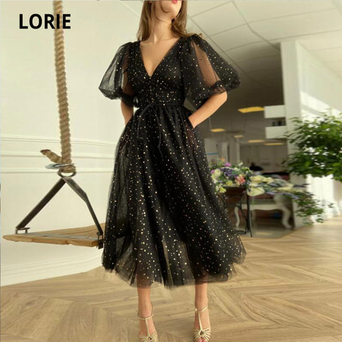 LORIE Shiny Fairy Prom Dresses V-Neck Half Sleeves A-Line Tulle Black Party Gown Bohemian 1950 Christmas Robes de cocktail ► Photo 1/5