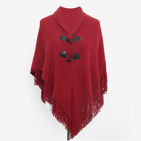 Fashion Women Poncho Tassel Woman Pashmina Horn Buttons Shawls Scarf Female Loose Ponchos Wrap Wool Cape Women Shawls ► Photo 1/6