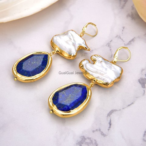 GuaiGuai Jewelry Cultured White Keshi Pearl Blue Lapis With Gold Plated Lever Back Earrings ► Photo 1/6