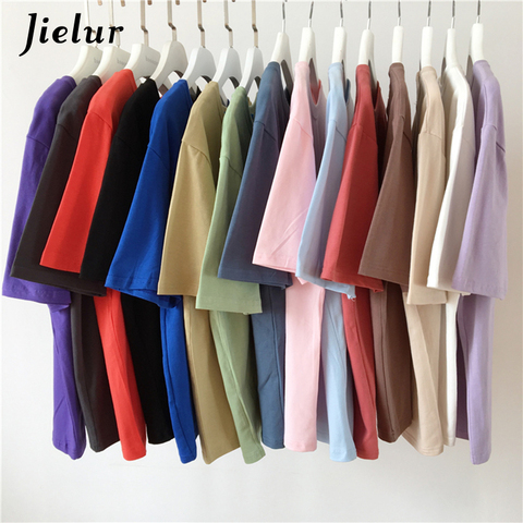 Jielur Tee Shirt 15 Solid Color Basic T Shirt Women Casual O-neck