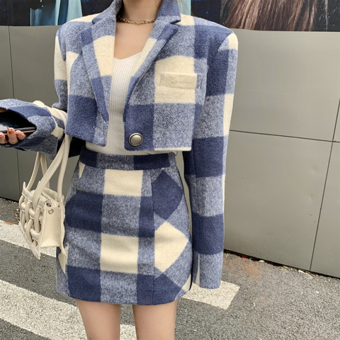 Plaid woolen skirt suit female spring season new temperament Hong Kong style retro chic two-piece skirt ► Photo 1/6