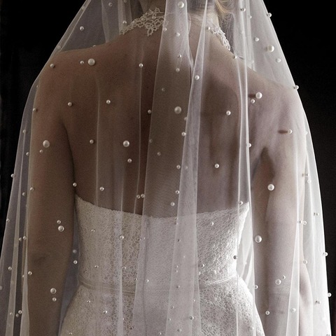 Pearls White Ivory Long Bridal Veil With Comb One Layer Cathedral Wedding Veil with Pearls Velos de Noiva Crystal Beads 3Meters ► Photo 1/5