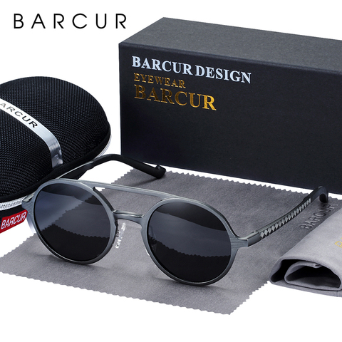 BARCUR Steampunk Men Sunglasses Men Brand Driving Polarized Sunglasses Round Sun Glasses Aluminum Magnesium oculos de sol male ► Photo 1/1