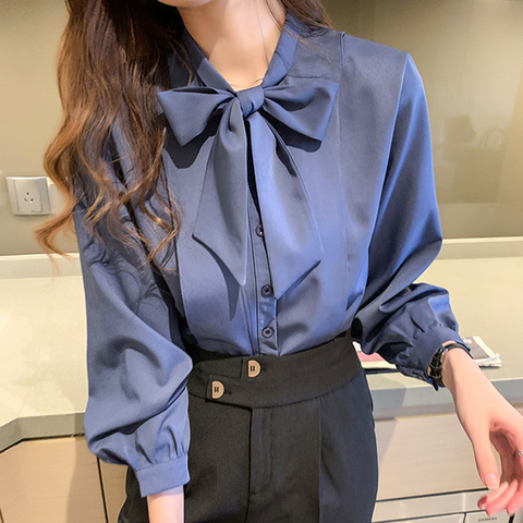 New Bow White Blouse Women 2022 Button Office Lady Long Sleeve Blue Chiffon Shirt Autumn Tops Woman Clothes Pocket Womens Shirts ► Photo 1/6