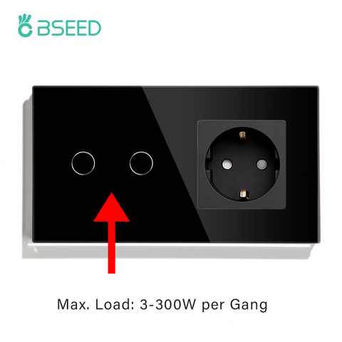 BSEED Touch Light Switch Wall Socket Glass 1/2/3Gang Touch Screen Switch Power Outlet Max.300W/Gang Led Switch Wall Socket Black ► Photo 1/6