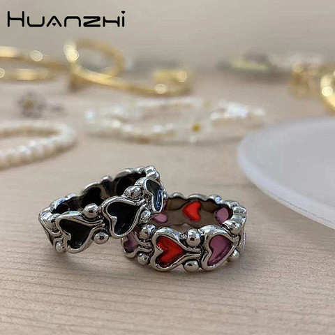 HUANZHI 2022 New Individuality Baroque Vintage Hit Colour Love Heart Metal Rings for Women Girls Party Jewelry ► Photo 1/6