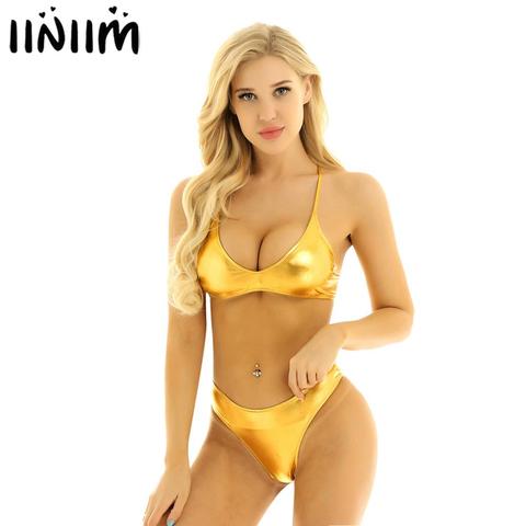 Femme Womens Shiny Metallic Bikini Set for Swimsuit Swimwear Summer Parties Strappy Cross Back Crop Top with Briefs Underwear ► Photo 1/6