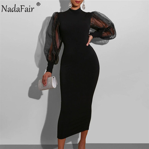 Nadafair Mesh Lantern Sleeve Bodycon Dress Sexy Club Women High Neck Back Split Party Black Pencil Slim Maxi Dress ► Photo 1/1