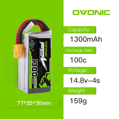 14.8V OVONIC 1300mAh 100C Max 200C Lipo 4S1P  Battery with XT60 Connector for 250 FPV Frame RC Drone Heli Quad Boat ► Photo 1/6