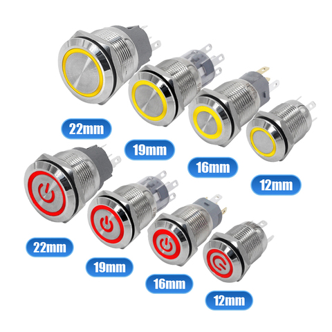 12/16/19/22mm metal push button switch power button Waterproof Flat circular button LED light self-lock button 5v 12v 24v 220v ► Photo 1/6