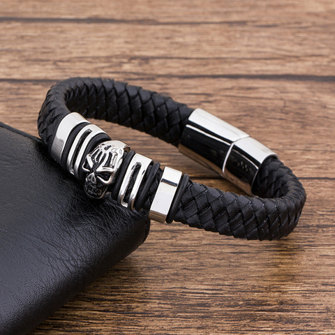 High Quarlit Stainless Steel Magnet Charm Black Leather Bracelet For Men Skull Jewelry Accessories Punk Rock Bangles ► Photo 1/4