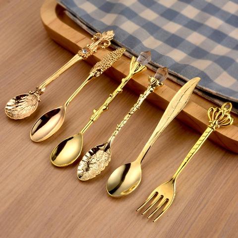 6Pcs Gold Inlay Crown Head Long Handle Coffee Dessert Spoon Fork Dinnerware Western Cutlery Kitchen Food Tableware Dinner Sets ► Photo 1/6