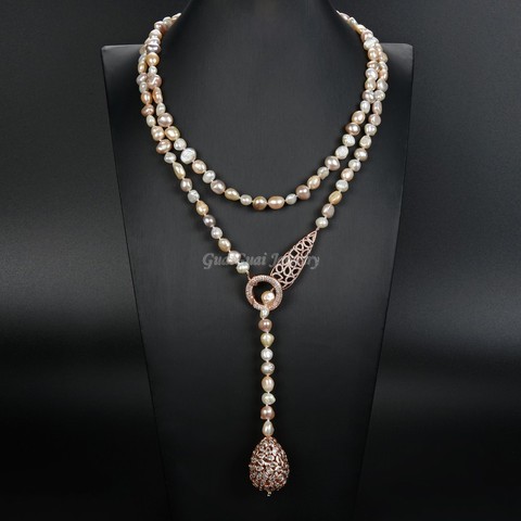 GG Jewelry 45'' Multi Color Pearl Rose Golden Plated Connector Necklace Cz Teardrop Pendant ► Photo 1/3